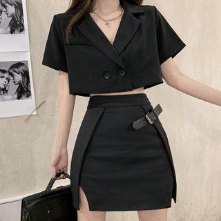 Elbow-sleeve Double-breasted Cropped Blazer / Mini A-line Skirt / Set
