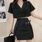 Elbow-sleeve Double-breasted Cropped Blazer / Mini A-line Skirt / Set