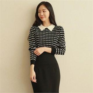Contrast-collar Patterned Knit Top