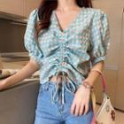 Gingham Puff-sleeve V-neck Drawstring Blouse