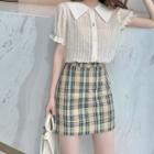 Short-sleeve Shirt / Plaid Pencil Skirt