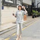 Set: 3/4-sleeve Floral T-shirt + Wide-leg Pants