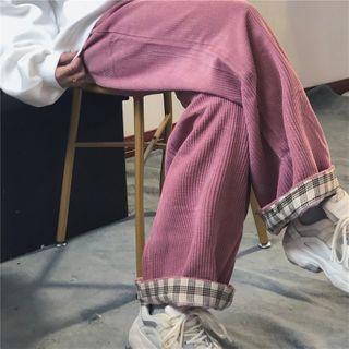 Plaid Trim Corduroy Fleece-lined Wide-leg Pants