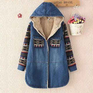 Pattern Panel Hooded Denim Jacket