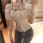 Puff-sleeve Ruffle Drawstring Blouse