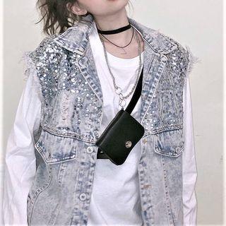 Sequined Single-breasted Denim Vest