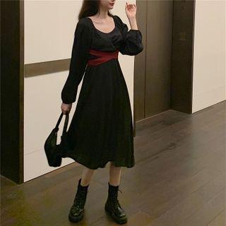 Long Sleeve Square Neck Contrast Waist A-line Dress