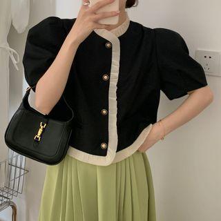 Puff-sleeve Button-up Frill Trim Blouse Black - One Size