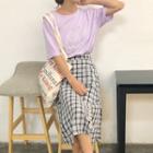 Printed Elbow-sleeve T-shirt / Plaid Slit-front Midi A-line Skirt