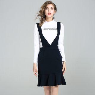 Set : Letter Mock-neck Long-sleeve T-shirt + Sleeveless Dress
