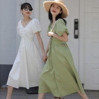 Bubble Sleeve V-neck Drawstring A-line Dress