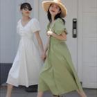 Bubble Sleeve V-neck Drawstring A-line Dress