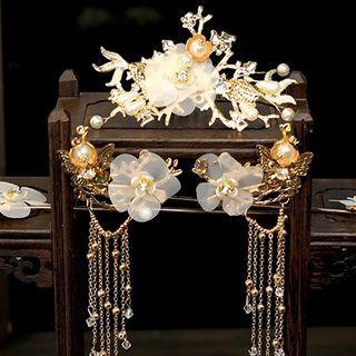 Set : Retro Branches Faux Pearl Fringed Hair Clip + Hair Stick + Fringed Earring Set - Hair Clip & Hairpin & Earrings - Gold - One Size