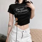 Short-sleeve Rhinestone Lettering Chained Crop Top