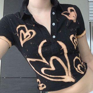 Heart Printed Polo Neck Short Sleeve Cropped Top