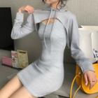 Set: Long-sleeve Hooded Cape Cropped Top + Sleeveless Bodycon Dress Set - Gray - One Size