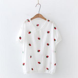 Short-sleeve V-neck Strawberry Embroidered T-shirt