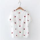 Short-sleeve V-neck Strawberry Embroidered T-shirt