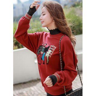 Printed Metallic-cuff Pullover Wine Red - One Size