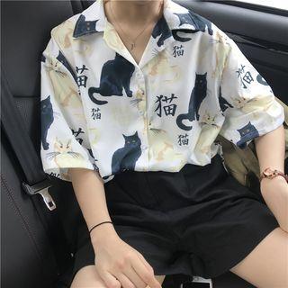 Short-sleeve Cat Printing Shirt / Plain Casual Shorts