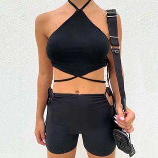 Set: Halter-neck Tie-waist Cropped Camisole Top + Drawstring Shorts