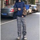 Contrast Long Sleeve Lettering Pullover / Plaid Pants