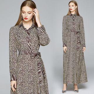Leopard Print Tie-waist Midi A-line Dress