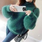 Mock-neck Balloon-sleeve Furry Sweater