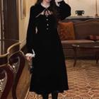 Long-sleeve Band Collar Plain Lace Trim Lace Up Perforated Velvet Dress