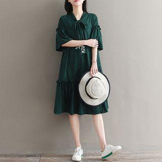 Embroidered Tie-neck Short-sleeve A-line Dress
