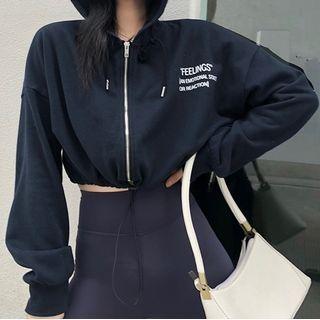 Lettering Hooded Cropped Zip Jacket