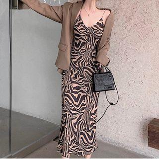 One-button Blazer / Spaghetti Strap Animal Print Midi Dress