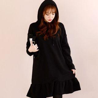Ruffle-hem Brushed-fleece Lined Hoodie Dress