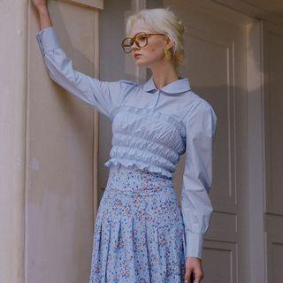 Set: Puff-sleeve Shirred Shirt + Camisole