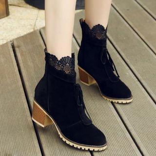 Lace Panel Block Heel Short Boots