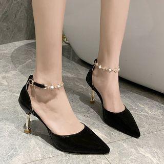 Rhinestone Ankle Strap Pointy-toe Pumps