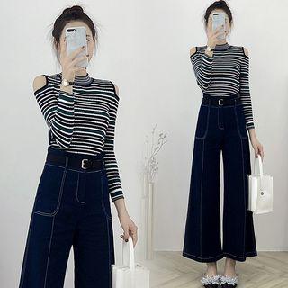 Set: Cold Shoulder Long-sleeve Top + Wide Leg Jeans