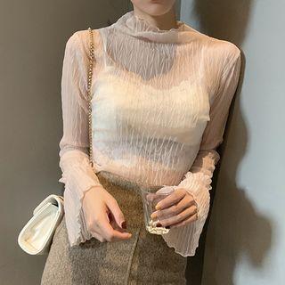 Long-sleeve Mock Neck Pleated T-shirt