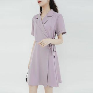 Notch Lapel Short-sleeve Mini A-line Dress Bean Purple - One Size