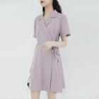 Notch Lapel Short-sleeve Mini A-line Dress Bean Purple - One Size