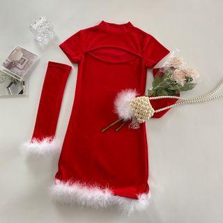 Set: Short-sleeve Fluffy Trim Cutout Mini Bodycon Dress + Arm Sleeves