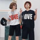 Couple Matching Set Hooded Short-sleeve T-shirt + Striped Trim Shorts