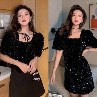 Glittered Square-neck Short-sleeve Dress