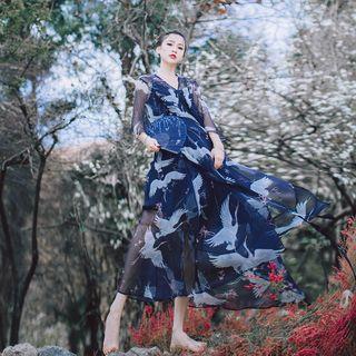 3/4-sleeve Printed Chiffon A-line Maxi Dress
