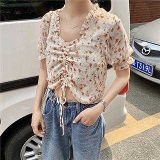 Floral Short-sleeve Crop Top Tangerine - One Size