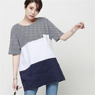 Stripe Color-block Linen Long T-shirt