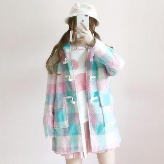Plaid Toggle Hooded Woolen Coat