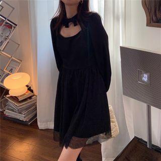 Long-sleeve Cut-out Mesh Panel Mini Dress