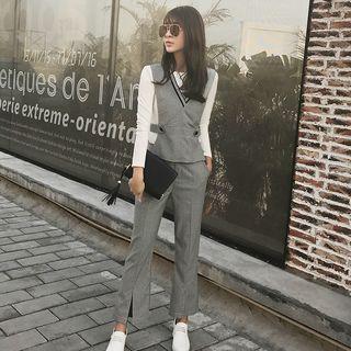 Set: Long-sleeve T-shirt + Houndstooth Vest + Pants