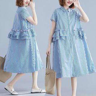 Short-sleeve Midi Striped Shirtdress Stripes - Blue & White - One Size
